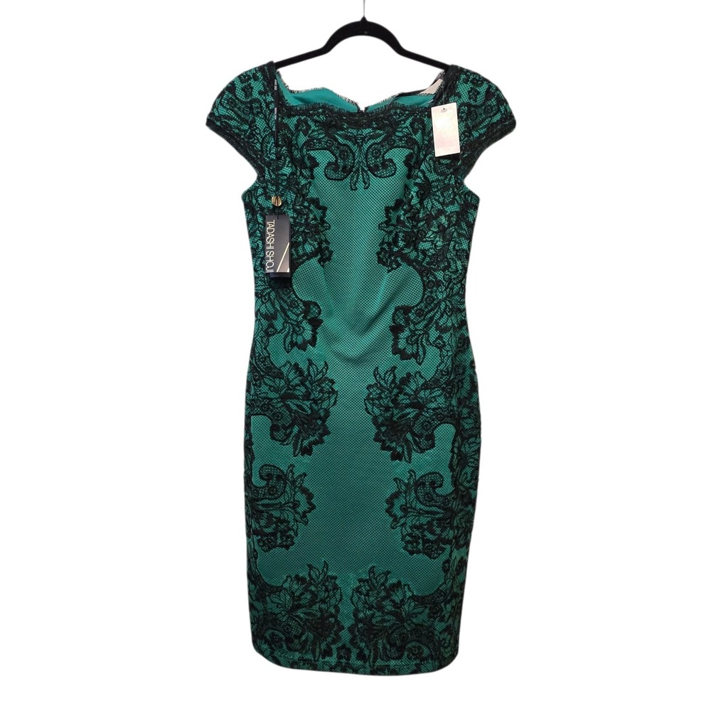 Tadashi‎ Shoji NWT Contrast Lace Panel Cocktail Dress Womens MED Jade Elegant